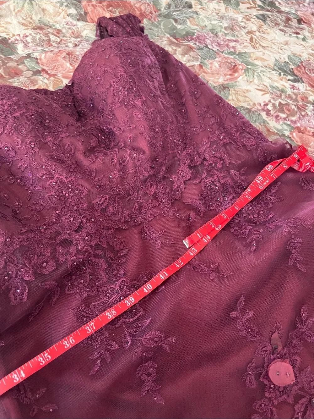 Montage by Mon Cheri Deep Burgundy Lace Maxi Gown
